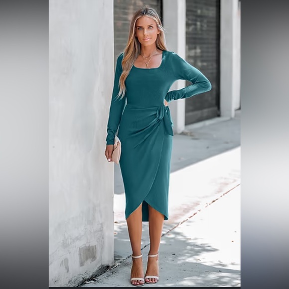 CUPSHE Scoop Neck Belted Long Sleeve Wrap‎ Midi Dress in teal size medium - Picture 3 of 10
